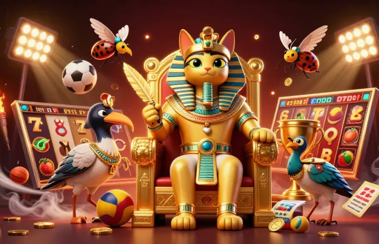 Slot online di modulatis yang menampilkan kucing firaun dan elemen berkilauan untuk menarik pemain.