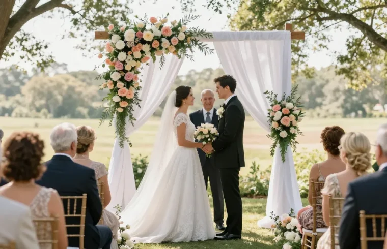 rokok88 wedding venue featuring a couple exchanging vows in an elegant ceremony.