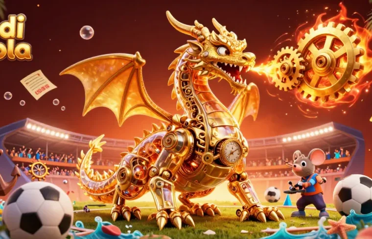 Experience the thrill of judi bola with a vibrant scene of a golden dragon and sports elements.