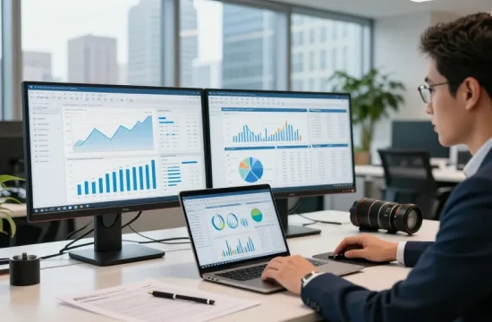 CIBC digital banking professional reviewing analytics in a modern office.
