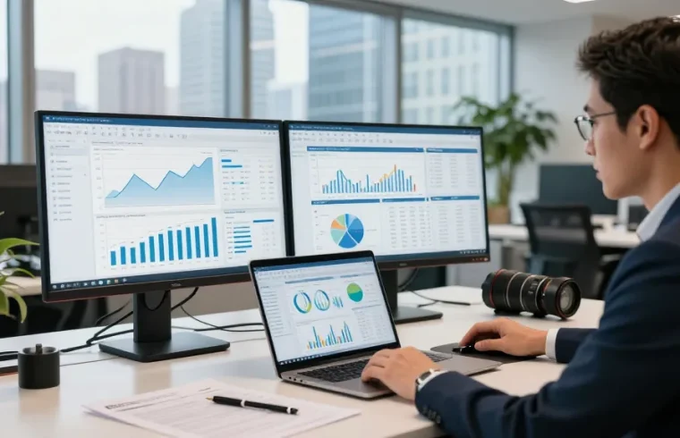 CIBC digital banking professional reviewing analytics in a modern office.