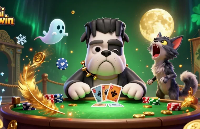 Tải Sunwin as a thrilling scene where a Frankenstein bulldog deals cards, enhancing excitement in a casino game.