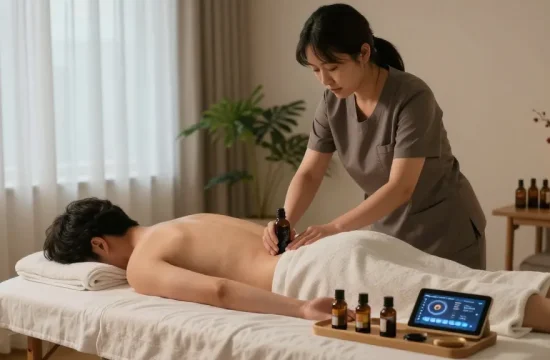 신촌출장마사지 session setup with therapist preparing essential oils and soothing room ambiance for relaxation.