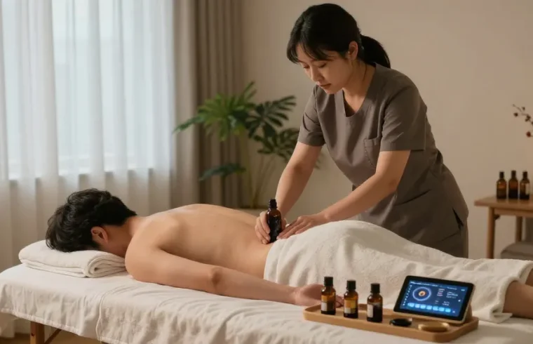 신촌출장마사지 session setup with therapist preparing essential oils and soothing room ambiance for relaxation.
