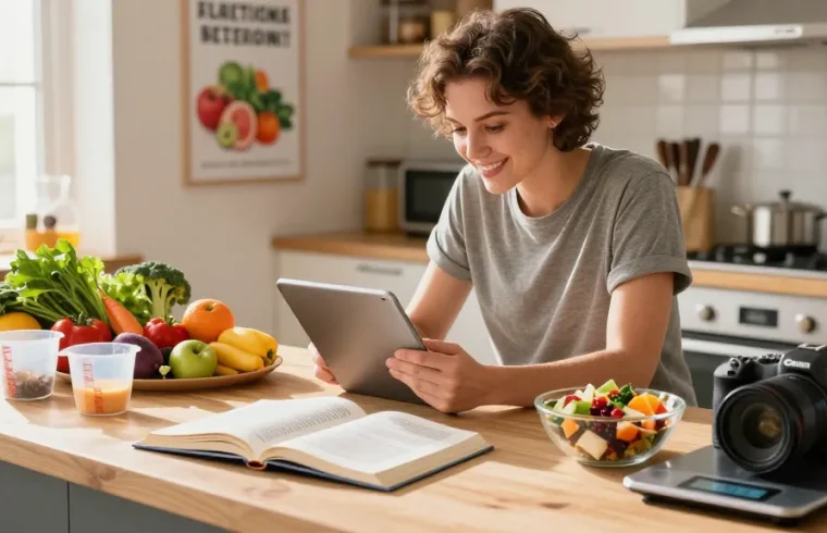 Individual using the best AI calorie tracker in a bright kitchen while preparing healthy meals.