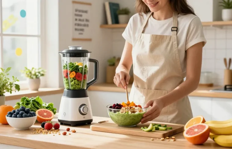 Health tips for creating vibrant smoothie bowls in a cozy kitchen setting, showcasing fresh ingredients.