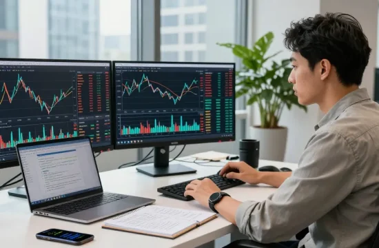 Trader using mt5 on multiple monitors in a modern office.