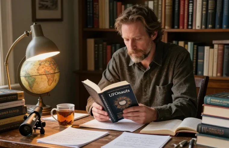 The scene showcases T. Allen Greenfield at his desk with books about spirituality and UFOs, embodying contemporary literary exploration at https://tallengreenfield.com.