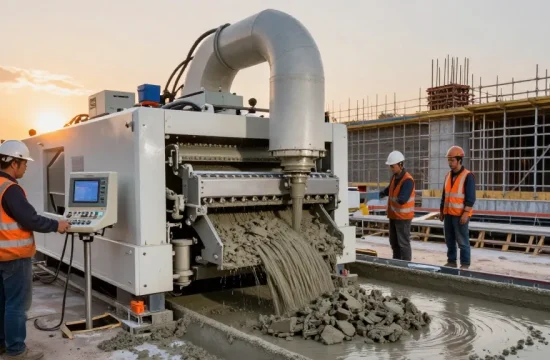Workers operating the NAGA2000 concrete machine on-site, capturing innovative technology in construction.