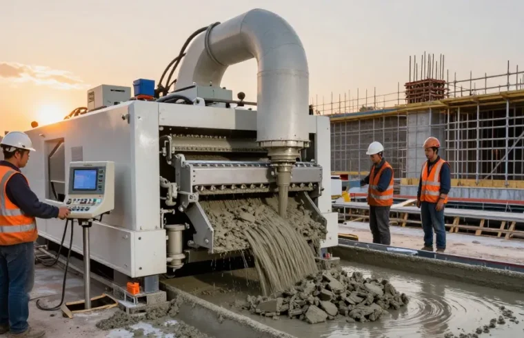 Workers operating the NAGA2000 concrete machine on-site, capturing innovative technology in construction.