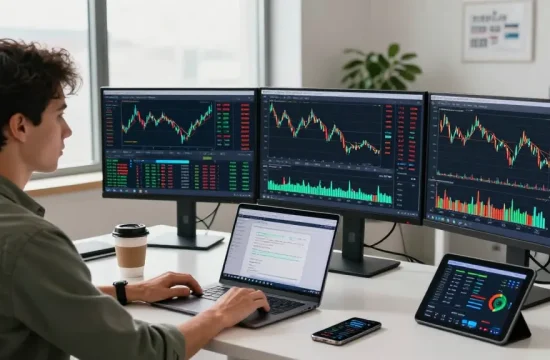 Focused trader using MetaTrader 4 in a modern workspace with multiple screens and trading tools.