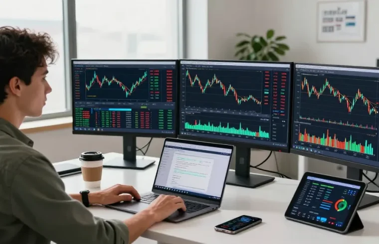 Focused trader using MetaTrader 4 in a modern workspace with multiple screens and trading tools.