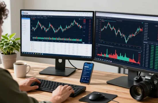 AiCoin 用户在现代交易工作站上使用 K 线图分析市场动态，展示交易工具和实时通知。