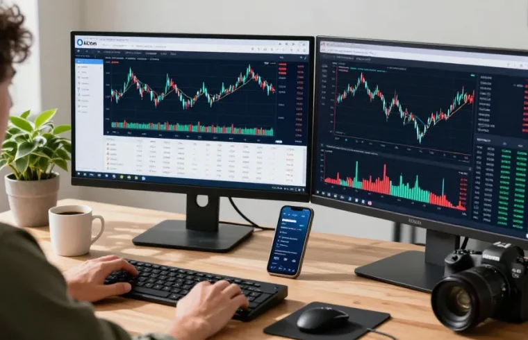 AiCoin 用户在现代交易工作站上使用 K 线图分析市场动态，展示交易工具和实时通知。