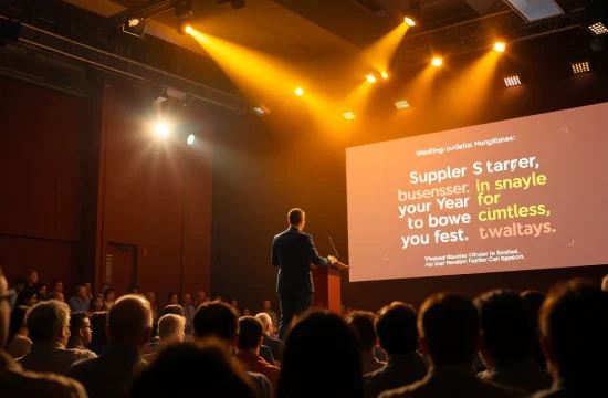 Motivational Speaker inspiring an audience during a dynamic presentation.