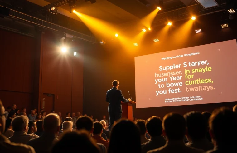 Motivational Speaker inspiring an audience during a dynamic presentation.