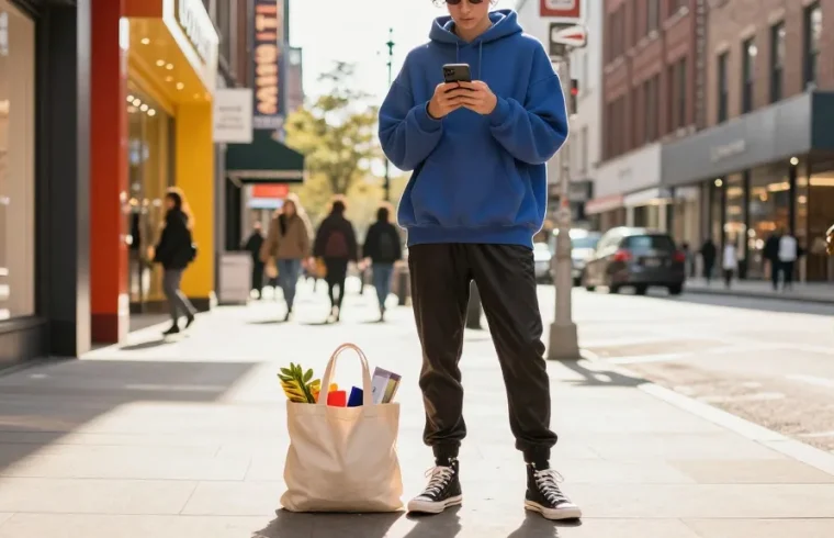 Vibrant urban fashion scene with a person checking the Acbuy spreadsheet on their smartphone while shopping.
