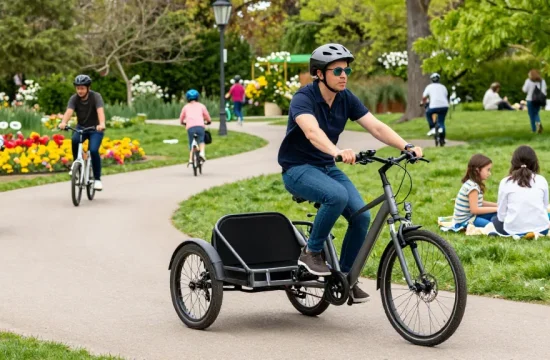 Adults enjoying the benefits of electric tricycles in a sunny park setting.