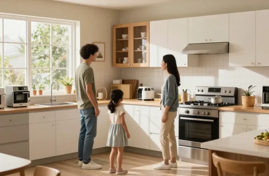 شراء مطابخ مستعملة بالرياض, family exploring quality second-hand kitchen options in a warm, inviting home.