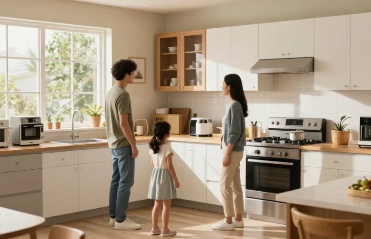 شراء مطابخ مستعملة بالرياض, family exploring quality second-hand kitchen options in a warm, inviting home.
